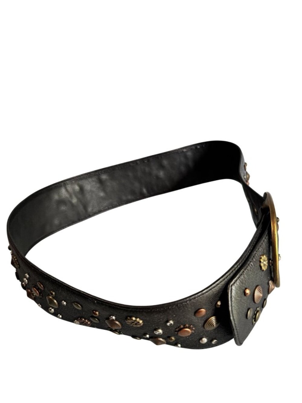 Wide Black Genuine Leather Studded Belt Boho Western Mixed Metal M 40" - Picture 5 of 7